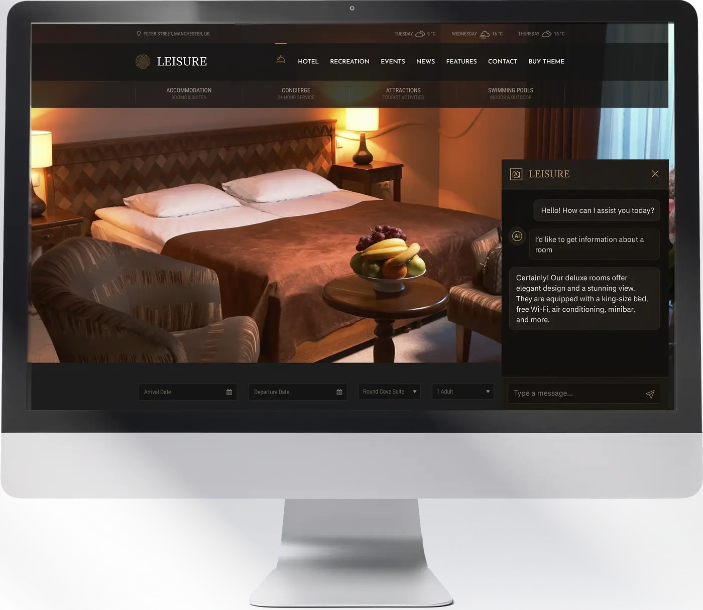 Chatbot Olivia integrado en la web del hotel Leisure mostrando reservas en vivo