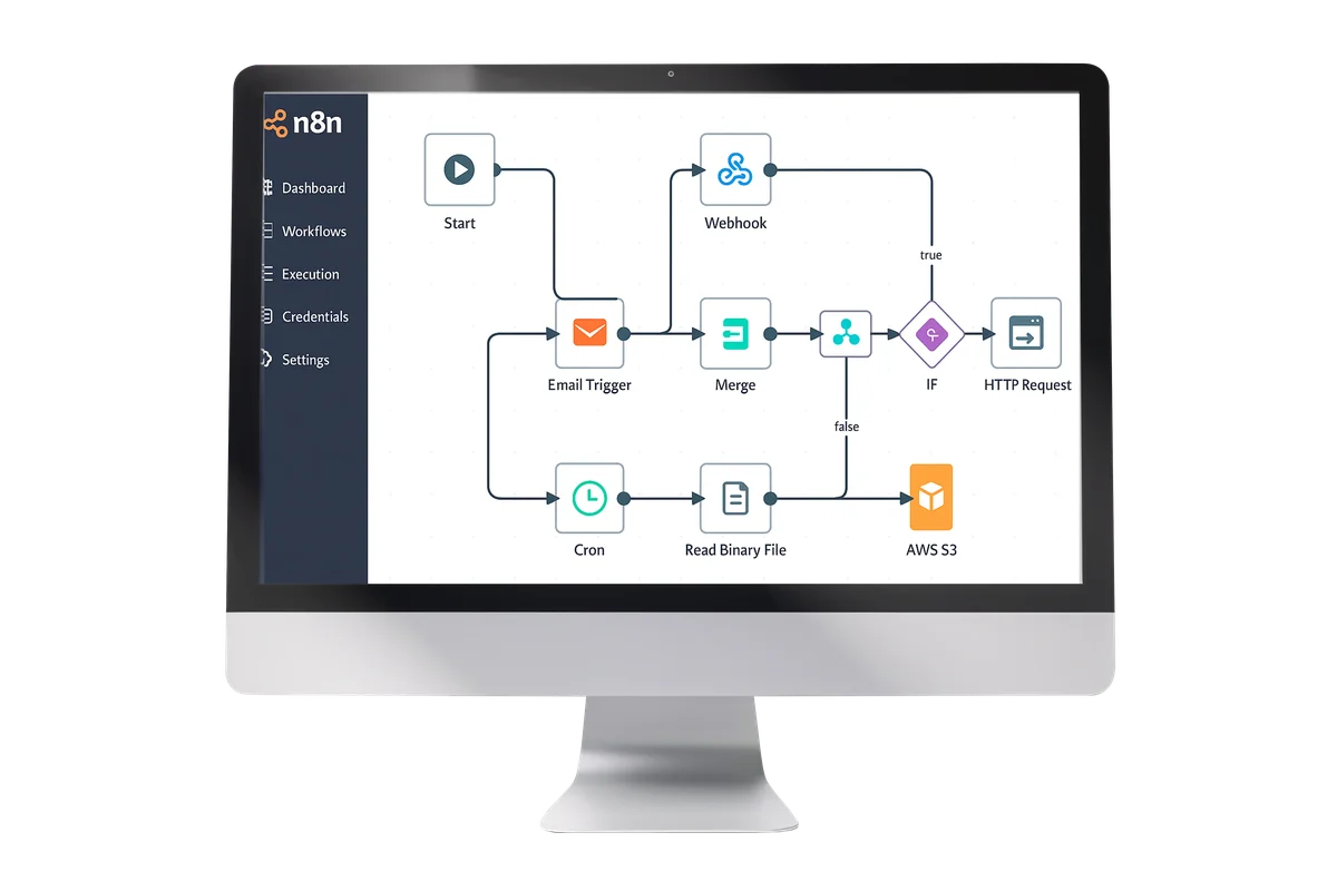 Monitor mostrando flujo de automatización n8n con triggers, webhook y conexión AWS S3